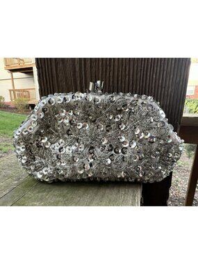Vintage 50s ADG silver sequins beaded flapper disco clutch kisslock Hong Kong